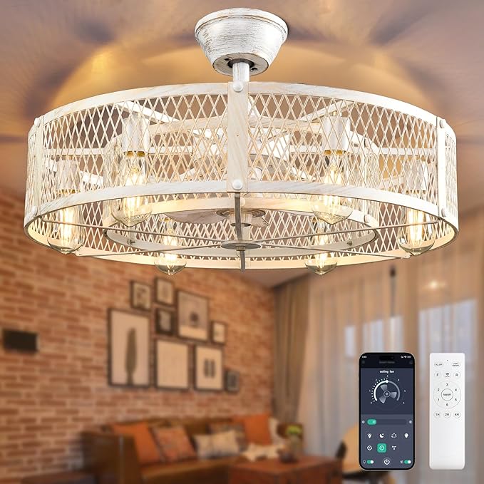 Photo 1 of Depuley Outdoor Ceiling Fan with Light: 26" Caged Ceiling Fans with Remote App Control for Patio Kitchen Bedroom - Farmhouse Fandelier Flush Mount Lights Fixture Reversible 6 Speed Timer Cement
