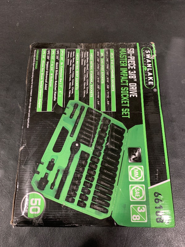 Photo 1 of SWANLAKE GARDEN TOOLS 3/8'' Drive Impact Socket Set, 50-Piece Standard SAE (5/16 to 3/4 inch) and Metric (8-22mm) Size, 6 Point, Cr-V, 3/8-Inch Ratchet Handle, Extension Bar, Universal Joint