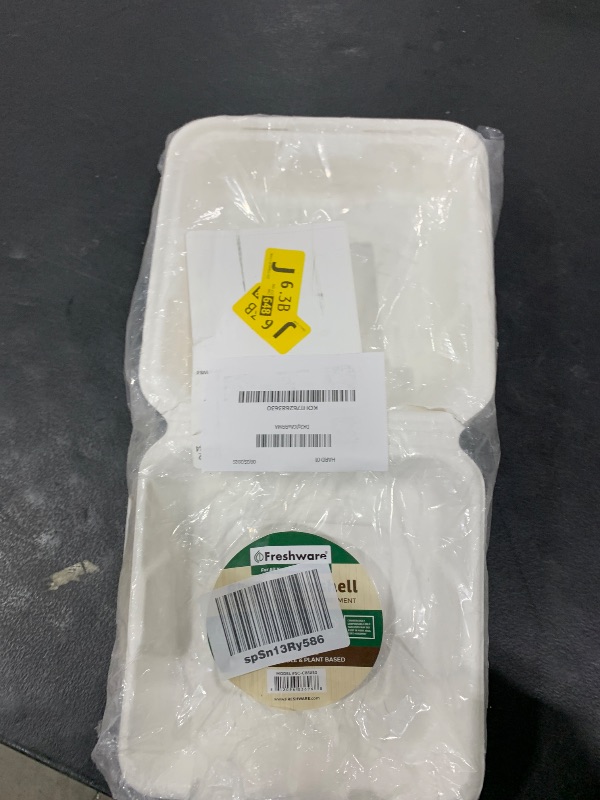 Photo 1 of Freshware Compostable Clamshell Food Containers - 8x8" 50-Pack, Biodegradable Sugarcane To Go Boxes, Heavy Duty Paper Container - Microwave & Freezer Safe, Stackable