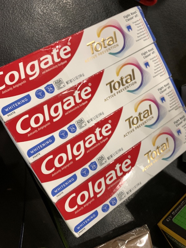 Photo 1 of Colgate Total Whitening Toothpaste Paste, 5.1 oz, 4 Pack, Fluoride, Antibacterial, for Plaque, Gingivitis, Sensitivity, Stain Removal, Clinically Proven, Mint, Teeth Whitening, Stannous Fluoride