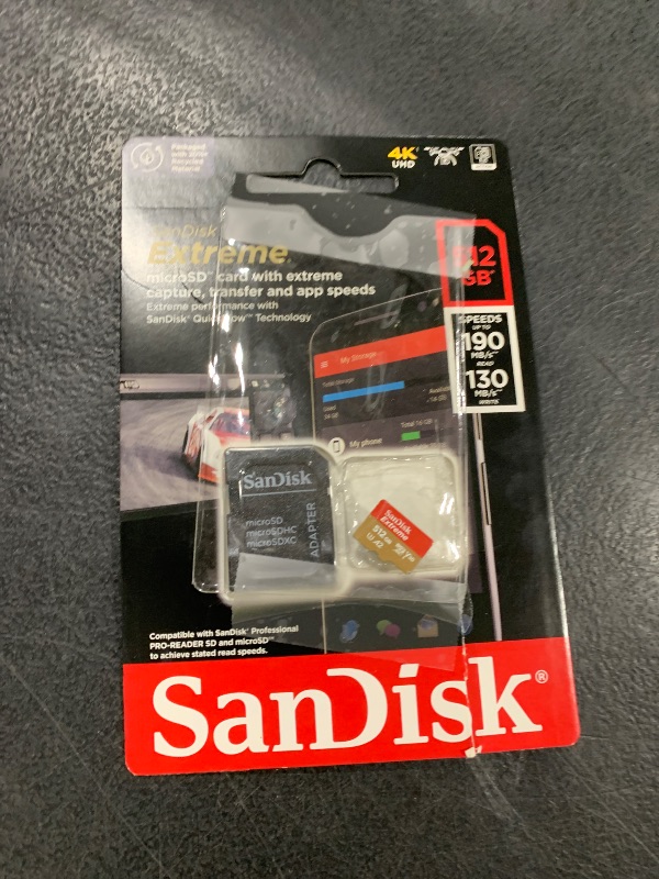 Photo 1 of SanDisk 512GB Extreme microSDXC UHS-I Memory Card with Adapter - Up to 190MB/s, C10, U3, V30, 4K, 5K, A2, Micro SD Card - SDSQXAV-512G-GN6MA