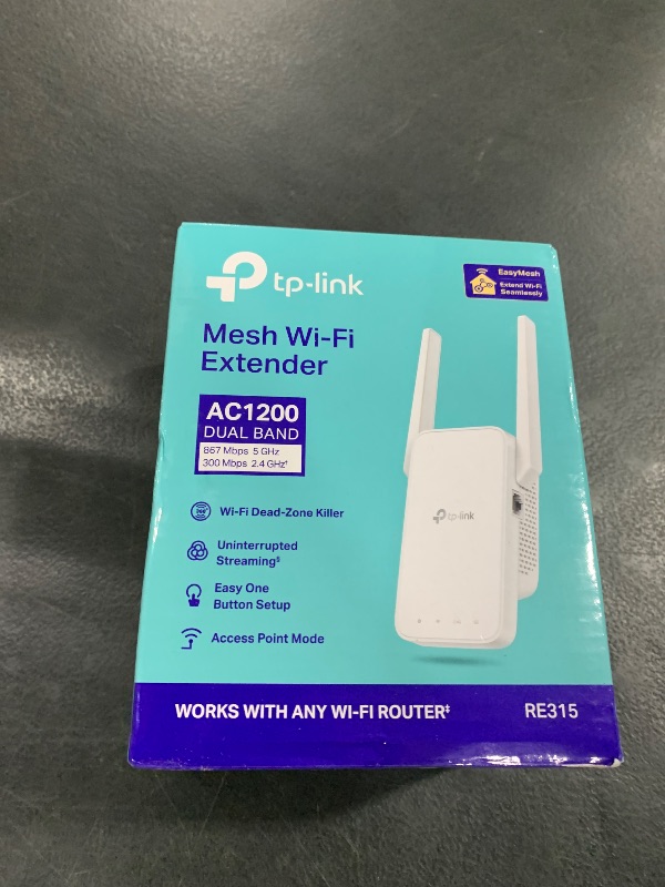 Photo 1 of TP-Link AC1200 WiFi Extender, 2025 Wirecutter Best WiFi Extender, 1.2Gbps Home Signal Booster, Dual Band 5GHz/2.4GHz, Up to 1600 Sq.ft and 32 Devices, EasyMesh Compatible, One Ethernet Port (RE315)