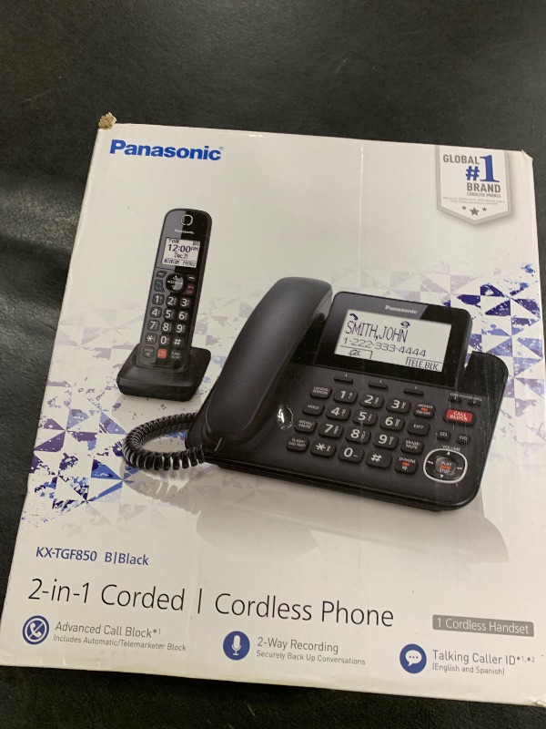 Photo 1 of Panasonic Corded/Cordless Phone with Advanced Call Block, 2-Way Recording and Digital Answering Machine, 1 Handset Expandable up to 6 Cordless Handsets - KX-TGF850B (Black)