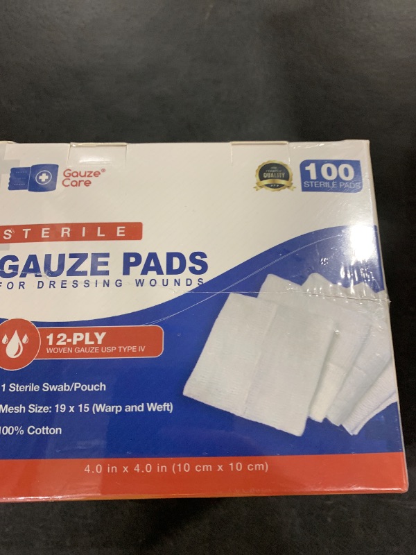 Photo 1 of 100pc Large Sterile Gauze Pads 4x4 Sterile for Wounds Bulk - 12ply Woven Gauze Sponges 4x4 Sterile - USP IV Breathable Mesh 4x4 Gauze Pads Sterile for Enhanced Absorption - First Aid Medical