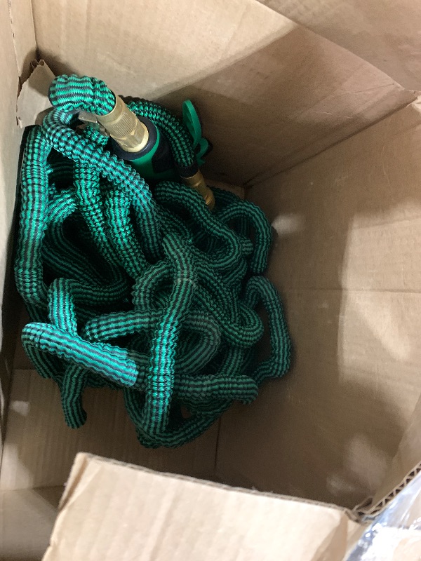 Photo 1 of J&B XpandaHose 100ft Expandable Garden Hose with Holder - Heavy Duty Superior Strength 3750D - 4 -Layer Latex Core - Extra Strong Brass Connectors and 10 Spray Nozzle w/Storage Bag (Green 100)