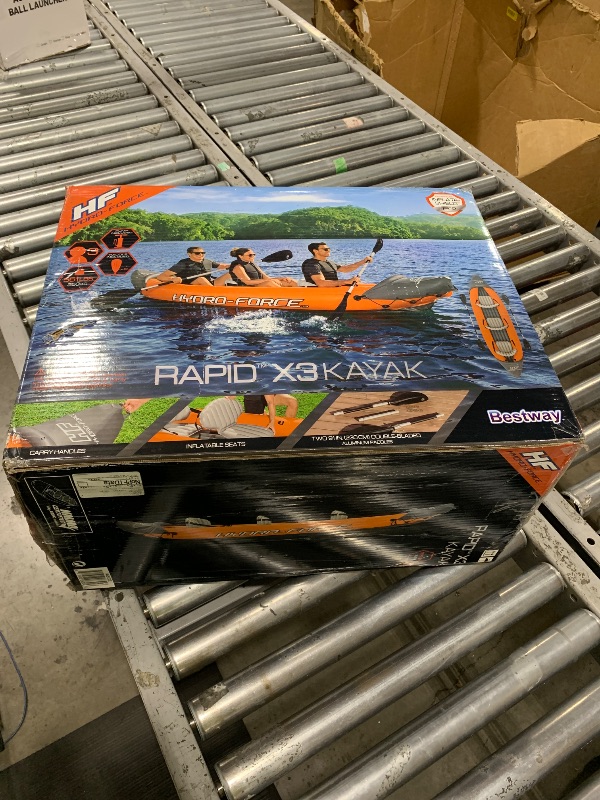 Photo 1 of Hydro-Force 12'6" x 39" Rapid X3 Inflatable Kayak Set | Fits Up to 3 Adults | Includes 2 Aluminum Paddles, 1 Hand Pump, 2 Fins, 1 Carry Bag, Repair Patch