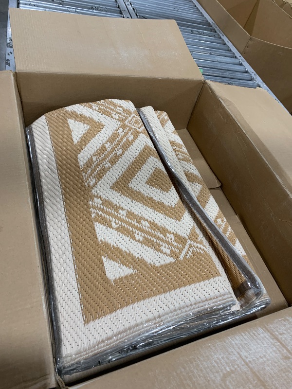 Photo 1 of RV Outdoor Rug with Lights 8x10ft, Outdoor Camping Rug, Waterproof, Easy Cleaning, Non Shedding, Foldable and Portable, Reversible Mats for RV, Deck, Beach, Camping, Patio, Picnic (Brown & White)