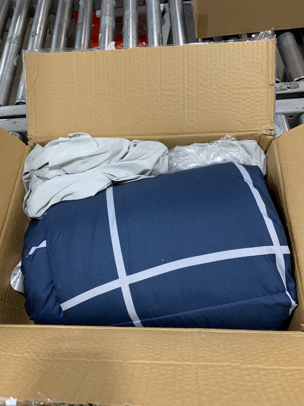 Photo 1 of Amazon Basics Twin/Twin XL Comforter Set with Sheets, 5-Piece Navy with Grey Plaid Bedding, Lightweight Microfiber Bed-in-a-Bag