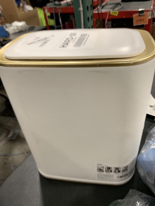 Photo 1 of Bathroom Trash Can with Lid, Plastic 3 Gallon Garbage can with Press top Lid Gold Step Pedal Trash can, Narrow White Trash bin for Bathroom, Bedroom, Restroom, Living Room, Office, Dog Proof Trash Can