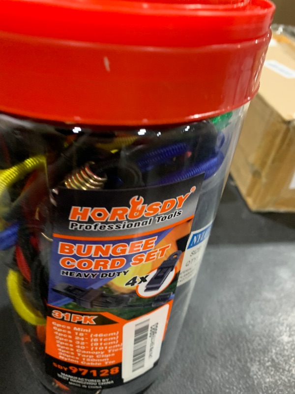 Photo 1 of HORUSDY 31-Piece Premium Bungee Cords Assortment Jar, Includes 10”,18”,24”,32”,40” Bungee Cords, 6“ Zip Ties, 8”Canopy/Tarp Ball Ties and Crocodile Mouth Tarp Clips