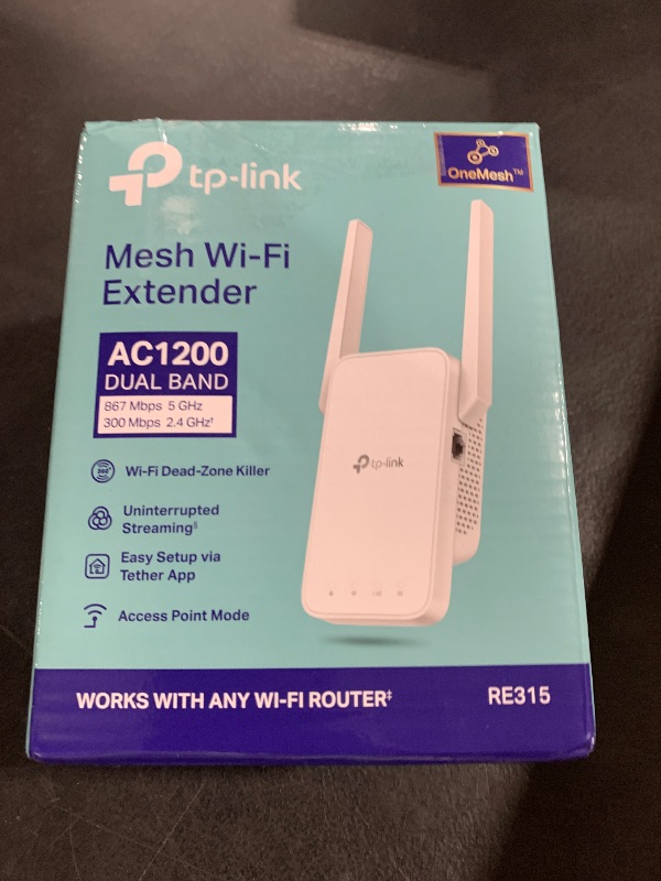 Photo 1 of TP-Link AC1200 WiFi Extender, 2025 Wirecutter Best WiFi Extender, 1.2Gbps Home Signal Booster, Dual Band 5GHz/2.4GHz, Up to 1600 Sq.ft and 32 Devices, EasyMesh Compatible, One Ethernet Port (RE315)