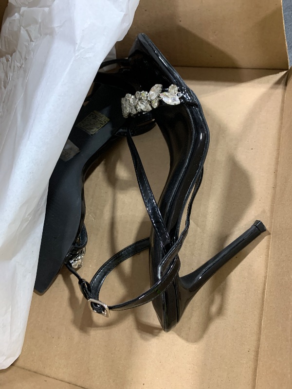 Photo 1 of Elisabet Tang Women’s Crystal Stilettos Heeled Sandals, 4 Inch Square Open Toe Strappy Sexy High Heels Ankle Strap Buckle Heels for Party Wedding Dress Daily Wear Shoes Black Size 7