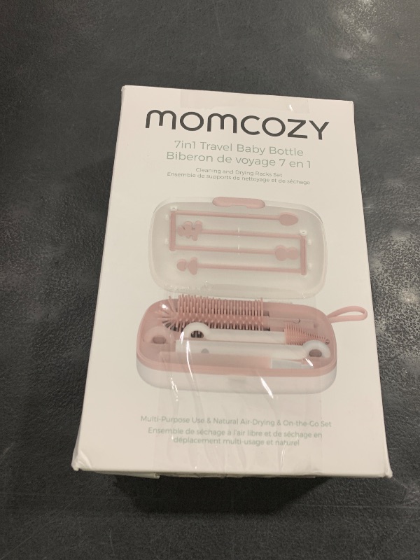 Photo 1 of Momcozy Bottle Brush Set - Baby Bottle Cleaner Kit with Silicone Brush, Nipple Brush, Straw Brush, Soap Dispenser, Drying Rack - 7 in 1 Bottle Cleaning Tool for Home and Travel, Pink
