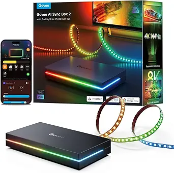 Photo 1 of Govee HDMI 2.1 Sync Box 2, AI Sync Box with TV Backlight, Supports 8K@60Hz, 4K@144Hz, VRR and ALLM, Works with Matter and Alexa, RGBIC LED Light Strip for 75-85 inch TVs, 75 LEDs/m