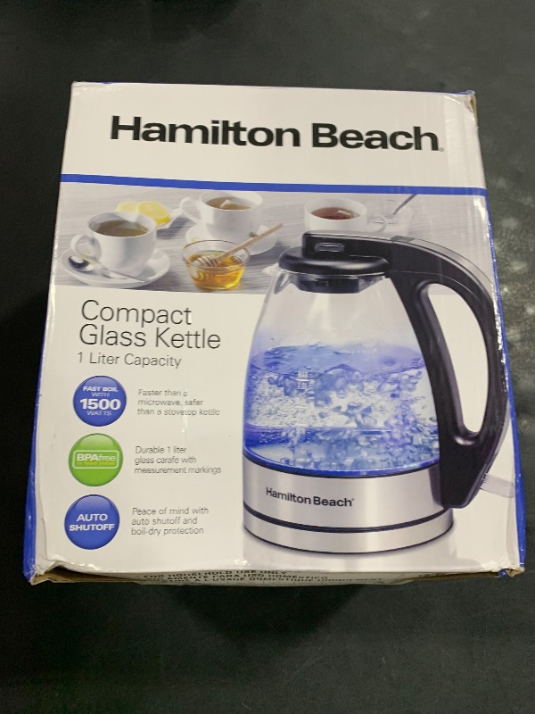 Photo 1 of Hamilton Beach Glass Electric Tea Kettle, Water Boiler & Heater, 1 Liter, 1500 Watts for Fast Boiling, BPA Free, Cordless Serving, Auto-Shutoff & Boil-Dry Protection, Soft Blue LED (40930)