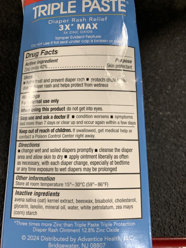 Photo 1 of Triple Paste 3X Max Diaper Rash Ointment, Maximum Strength with 40% Zinc Oxide Ointment for Severe Diaper Rash, 2 oz Tube