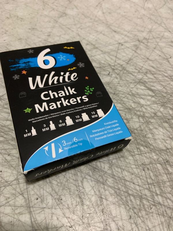Photo 1 of White Window Chalk Markers Pen: 6 Pack White Glass Marker, Liquid Chalk Marker for Chalkboard Signs, Car Window Paint Marker Pen for Bistro, Jars, Erasable, Non-Toxic, 5 Nib Sizes (1, 3, 6, 10, 15mm)