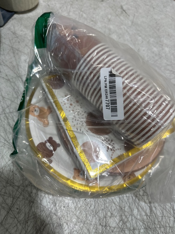 Photo 1 of Brown Teddy Bear Baby Shower Plates - Paper Plates, Disposable Cups, Napkins with Firework Pattern in Golden Border for 24 Teddy Bear Theme Party Supplies, Baby Shower, Wedding, Birthday Party