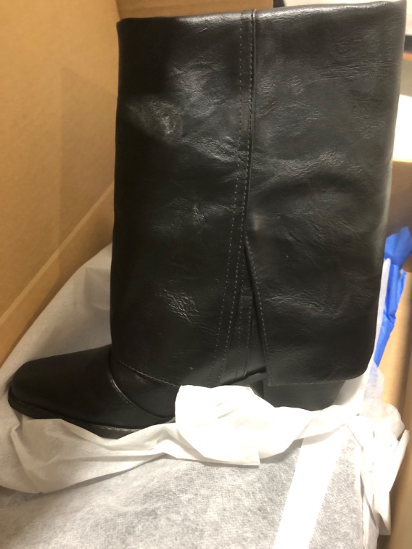 Photo 1 of baobeijiadao Womens Square Toe Mid Calf Boots Chunky Heel Fold Over Boots Pull On Non Slip Fashion Boots for Women 8