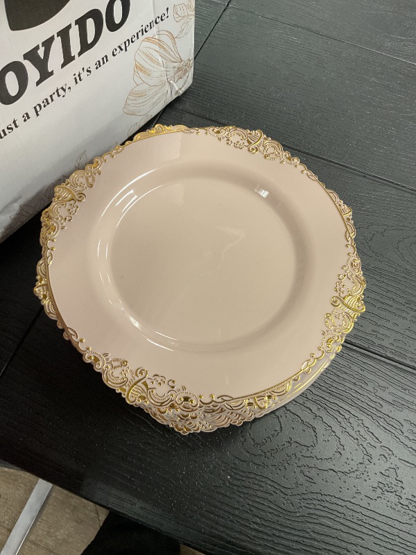 Photo 1 of SEE NOTES PICTURE…………….Joyido 102PCS Pink Plastic Plates - Pink and Gold Plate - Heavyweight Disposable Plate with Gold Rim - Fancy Dinner & Dessert Plates for 51 Guests Weddings & Parties