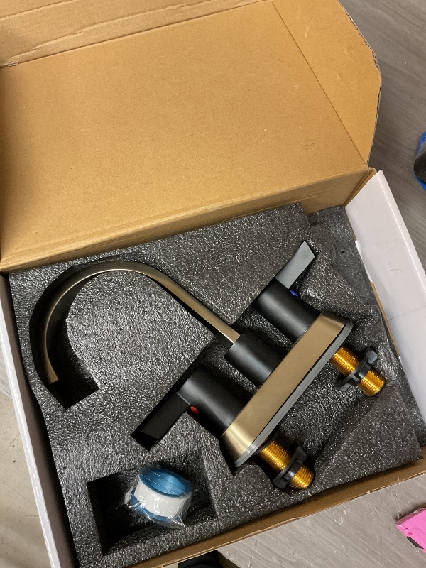 Photo 1 of Aolemi Bathroom Faucets for Sink 3 Hole,4 Inch Centerset Waterfall Faucet 2 Handle for Bathroom Sink with Pop-Up Drain and Supply Lines Brushed Gold and Matte Black