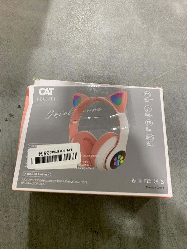 Photo 1 of KORABA Cat Ear Kids Headphones Bluetooth, LED Light up Wireless/Wired Mode Over Ear Headphones with Build in Microphone for School/Travel (Pink)