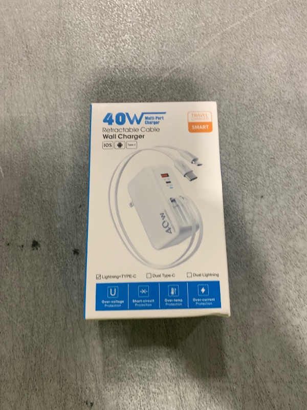 Photo 1 of 4-in-1 Retractable Gan Wall Charger Plug,Travel Essentials Brick Multiport USB Ports,3ft Lightening and Type C Cables,40W Multi Fast Charging Foldable Block for iPhone 16/15/14/13,iPad,Galaxy,Pixel