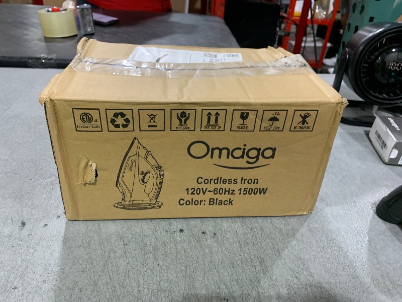 Photo 1 of OMAIGA Cordless Iron for Clothes, 1500W Steam Iron Rapid Heating, Ceramic Soleplate, Auto Shut Off, Self-Clean, Anti-Calc, 3 Temperature Settings, 11.84oz Water Tank Ironing Clothes for Home, Black