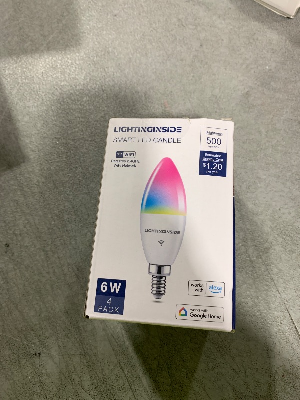 Photo 1 of Lightinginside E12 Smart Light Bulbs 60W Equiv., Work with Alexa/Google Home/Smart Life, 500LM 6W RGBCW Candle Candelabra LED Light Bulbs, No Hub Required, 2.4G WiFi Bluetooth Bulb, ETL Listed, 4PCS