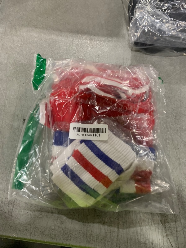 Photo 1 of Jeere 6 Pcs 80s Costume for Men 90s Workout Outfit Set Including Shorts Striped Sweatbands Headband Socks(Red, Blue,L)