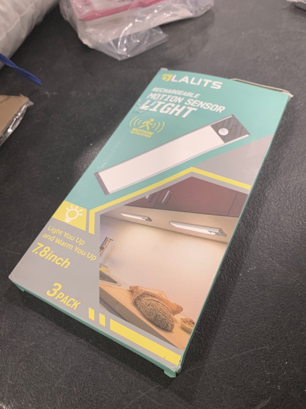 Photo 1 of Under Cabinet Lighting, Equipped with Motion Sensor, Rechargeable Battery Operated?3-Level Adjustable Brightness, 3 Pack Magnetic Under Counter Lights for Kitchen, Closet, Pantry, 7.8"