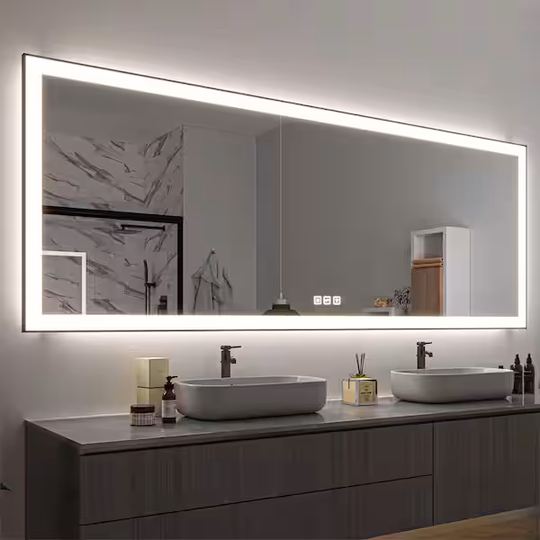 Photo 1 of ORGANNICE - 96 in. W x 36 in. H Rectangular Framed LED Anti-Fog Wall Mirror in Black with Backlit and Front Light