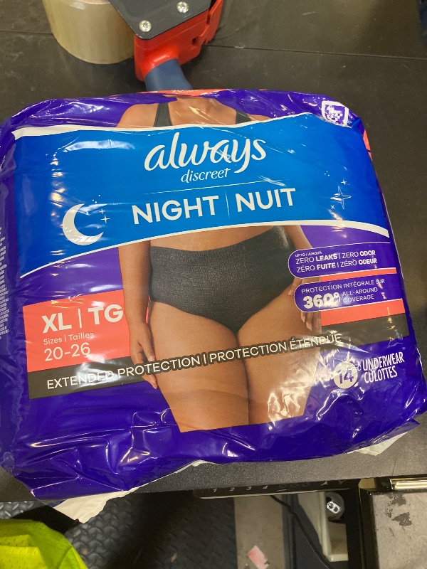 Photo 1 of Always Discreet Adult Incontinence Overnight Underwear for Women, Extra Large, Up to 100% Bladder Leak Protection, 14 Count