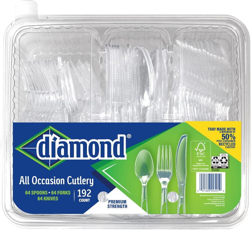 Photo 1 of Diamond All Occasion 192 Count Clear Plastic Cutlery Set – 64 Forks, 64 Spoons, 64 Knives, Made in USA – Durable Disposable Cutlery for Parties, Holidays, and Events
