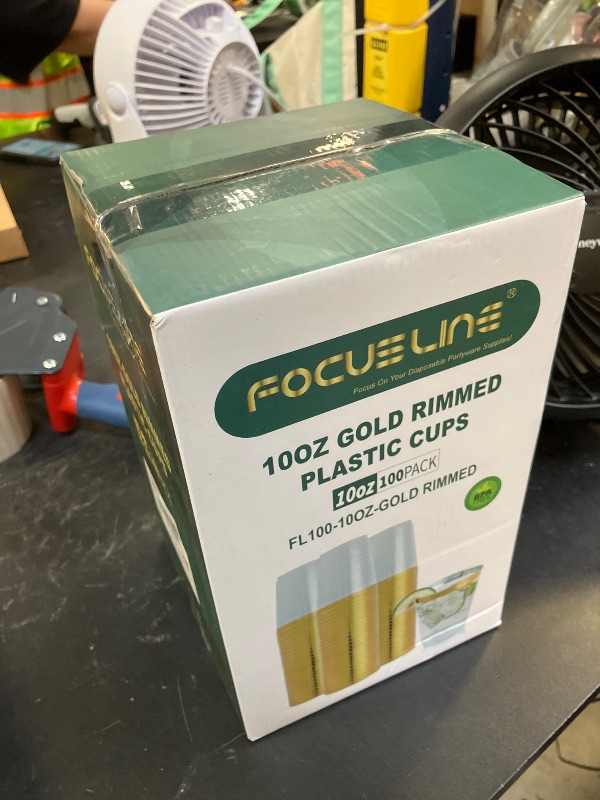 Photo 1 of FOCUSLINE 10 oz Gold Plastic Cups, Disposable Clear Fancy Hard Plastic Cups, Gold Rimmed, Heavy Duty, Reusable,100 Count