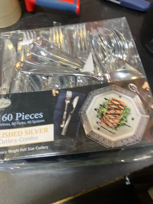 Photo 1 of Plastic Cutlery Silverware Extra Heavyweight Disposable Flatware, Full Size Cutlery Combo, Polished Silver, 80 Forks, 40 Spoons, 40 Knifes, Value Pack 160 Count