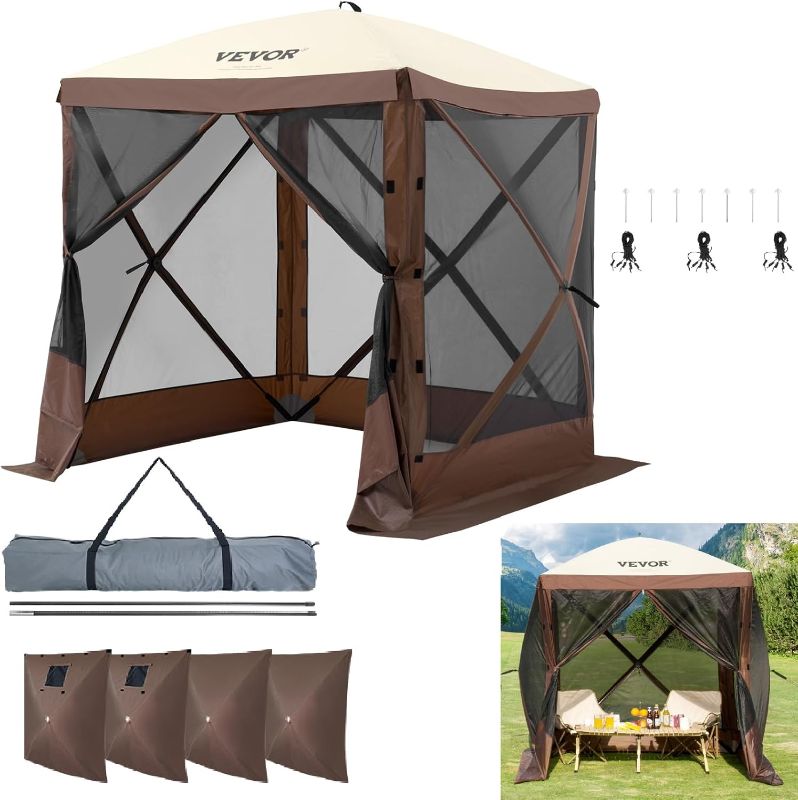 Photo 1 of VEVOR Pop Up Gazebo Tent, Pop-Up Screen Tent 4 Sided Canopy Sun Shelter with 4 Removable Privacy Wind Cloths & Mesh Windows, 6x6FT Quick Set Screen Tent with Mosquito Netting, Brown
