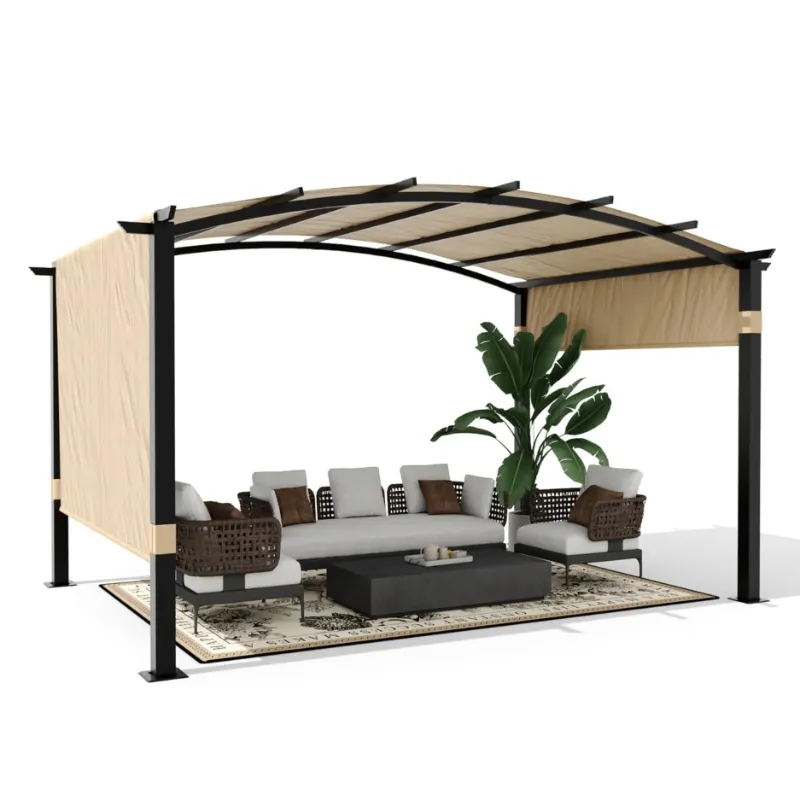 Photo 1 of Garvee 9' x 12' Outdoor Arched Pergola, Metal Gazebo with Retractable Sun Shade for Backyards, Lawn, Patios (Khaki)
