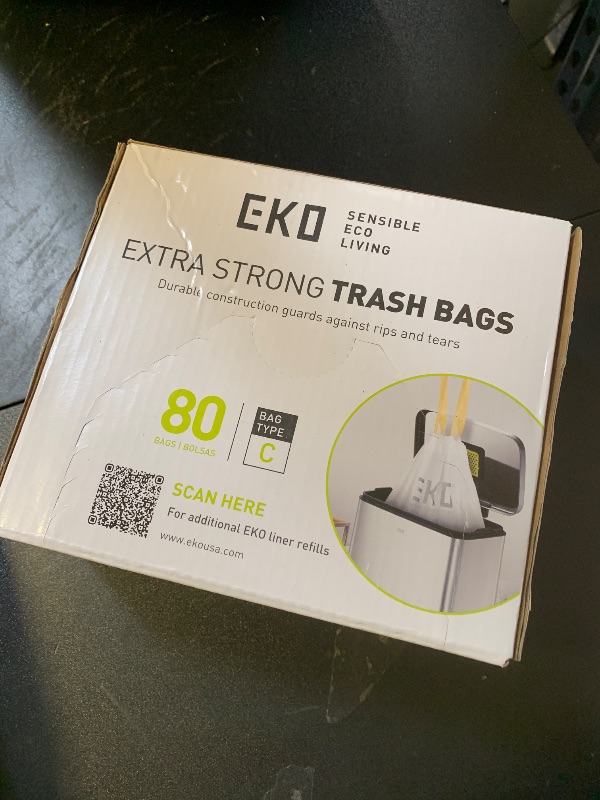 Photo 1 of EKO 4 Gallon / 10-15 Liter, 80 Count Small Drawstring Trash Bags, Extra-Strong Unscented Garbage Bags, Easy-Dispense Roll for Kitchen & Household Use, Resists Tears, Leaks and Punctures, Code C, White