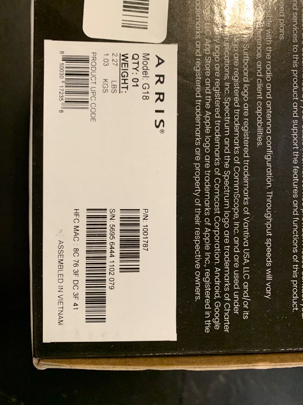 Photo 1 of ARRIS (G18) - Cable Modem Router Combo - Fast DOCSIS 3.1 Multi-Gigabit WiFi 6 (AX1800), Approved for Comcast Xfinity, Cox, Spectrum & More