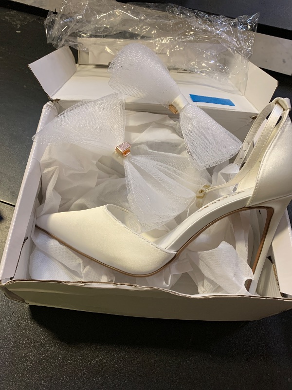 Photo 1 of DREAM PAIRS Women's SDPU2322W High Heels Strappy Closed Toe Stiletto Pointed Toe Mesh Bows Ankle Strap D'Orsay Sexy Dress Wedding Party Pumps Shoes, Size 7.5, White