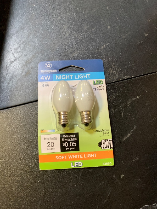 Photo 1 of Westinghouse 5283000 0.4 Watt (4 Watt Equivalent) C7 Frosted Filament LED Light Bulb, Candelabra Base, 2 Pack