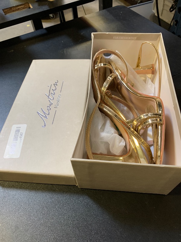 Photo 1 of Mostrin Gold Strappy Sandals for Women - Lace Up Ankle Strap Square Open Toe Stiletto High Heels for Wedding, Prom, Party, Daily - Size 10.5