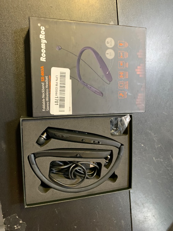 Photo 1 of RoomyRoc Bluetooth Headphones, Wireless Neckband Headset Evoking Siri & Bixby with Retractable Earbuds, Sports Sweat-Proof Noise Cancelling Foldable Stereo Earphones with Mic (Black)