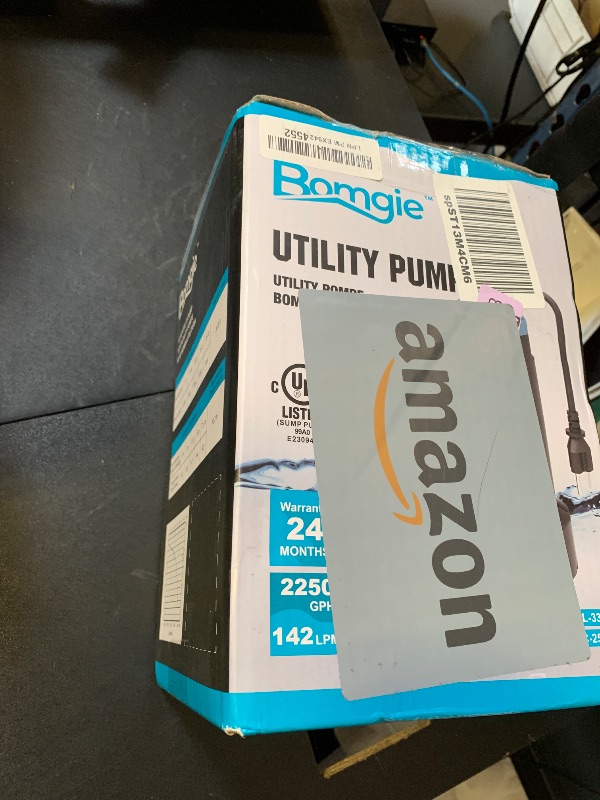 Photo 1 of BOMGIE 1/3 HP Submersible Water Pump, 2250GPH Thermoplastic Sump Pump Basement Portable Electric Utility Water Pump Removal for Pool Draining Basement Hot Tubs Garden Pool Cover Pond
