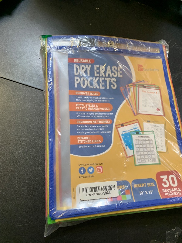 Photo 1 of BONBELA Dry Erase Pockets 30 Pack - 10 x 13 Reusable Dry Erase Pocket Sleeves for Work & School Worksheets - Heavy Duty Clear Pocket Sleeves - Quickly Wipe to a Flawless Clean (Multicolor)