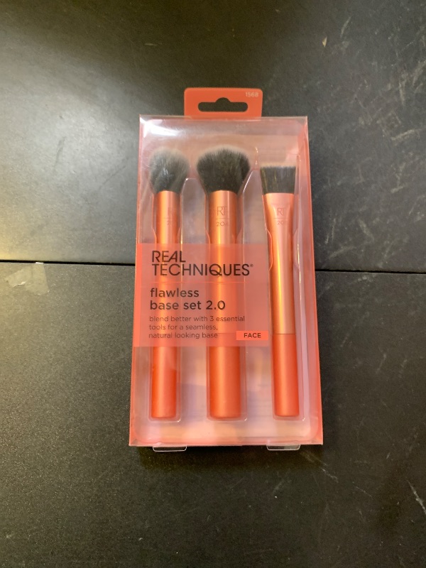 Photo 1 of Real Techniques Flawless Base Makeup Brush Kit 2.0, Face Brush Set for Liquid, Cream, & Powder Products, Bronzer & Foundation, Streak Free Makeup Application, Soft Synthetic Brushes, 3 Piece Set