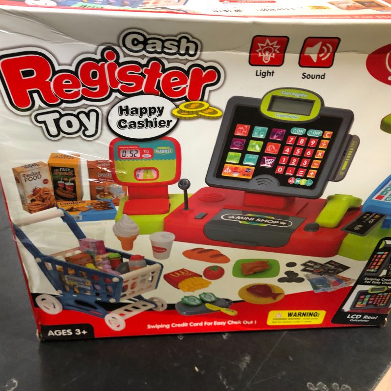 Photo 1 of G.C Kids Cash Register Toy Pretend Play with Real Calculator Sound Scanner/Shopping Cart/Food/Play Money, Learning Counter Grocery Store Playset Toys Gift for Kid Boy Girl Age 3 4 5 6 7 8 Years Old