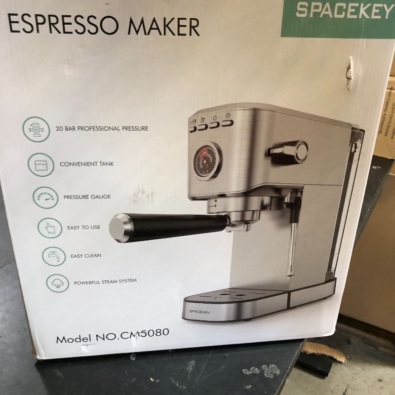 Photo 1 of Spacekey Espresso Machine 20 Bar, Professional 1350W Espresso Maker with Milk Frother, Compact Stainless Steel Cappuccino & Latte & Americano Maker with 39oz Removable Water Tank, Silver