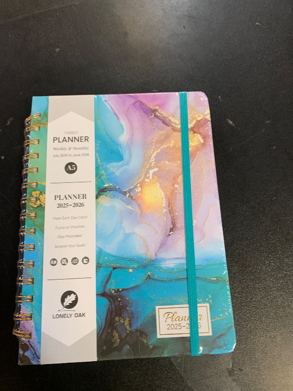 Photo 1 of Lonely Oak Academic Planner 2025-2026, Daily Weekly and Monthly Calendar Planner 6.18" x 8.5" with Tabs, Spiral School Year A5 Agenda from JUL.2025 to JUN.2026 for Student and Teacher (Cyan Marble)